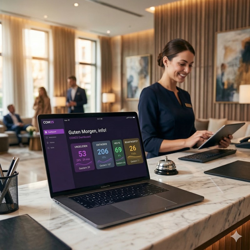 Hotel Rezeption mit COM25 Dashboard auf Laptop