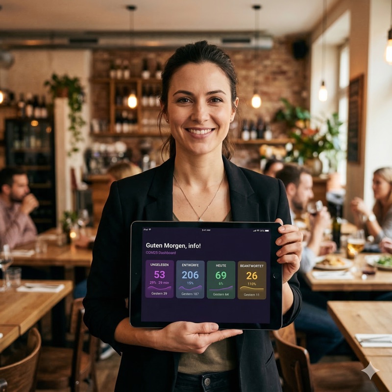 Restaurant Inhaberin mit COM25 Dashboard auf Tablet